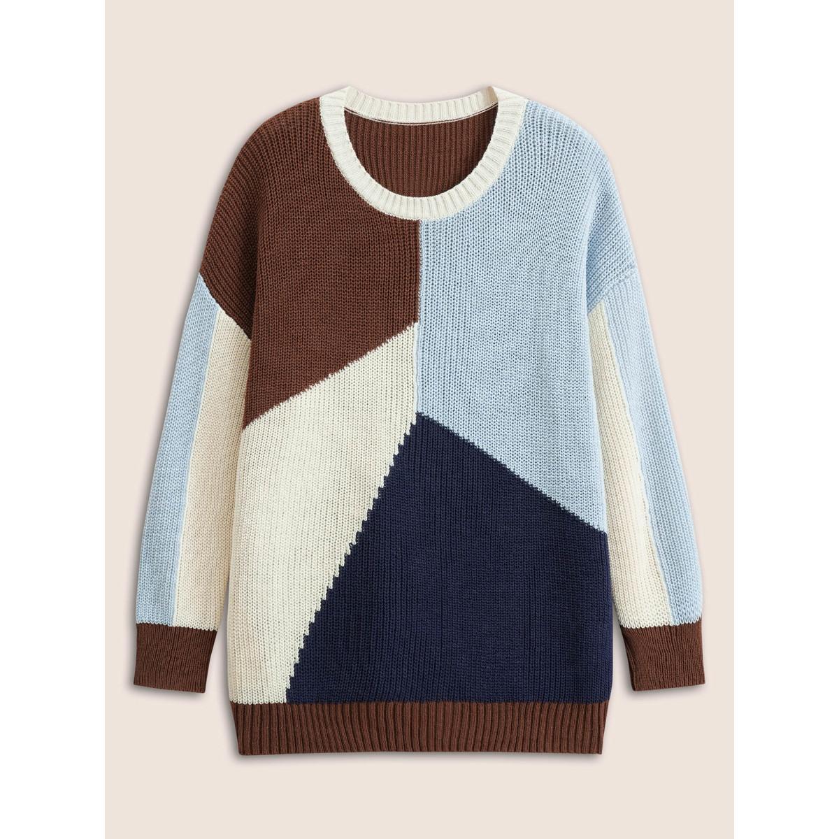 Plus Size Asymmetrical Colorblock Contrast Drop Shoulder Pullover DarkBrown Women Casual Loose Long Sleeve Round Neck Dailywear Pullovers BloomChic 28/5X Product Image