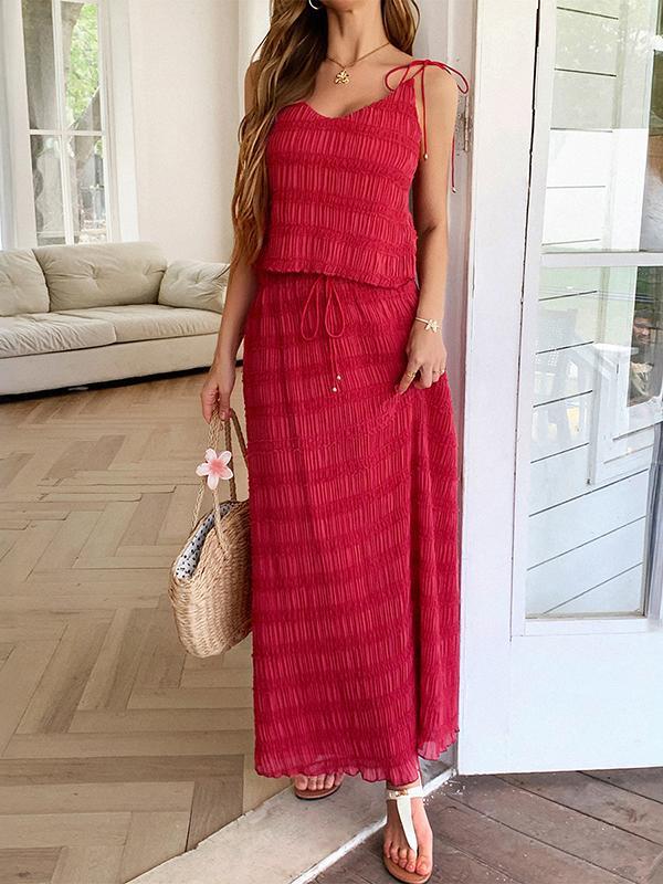 Loose Sleeveless Pleated Solid Color Spaghetti-Neck Vest Top + Drawstring Skirts Bottom Two Pieces Set Product Image