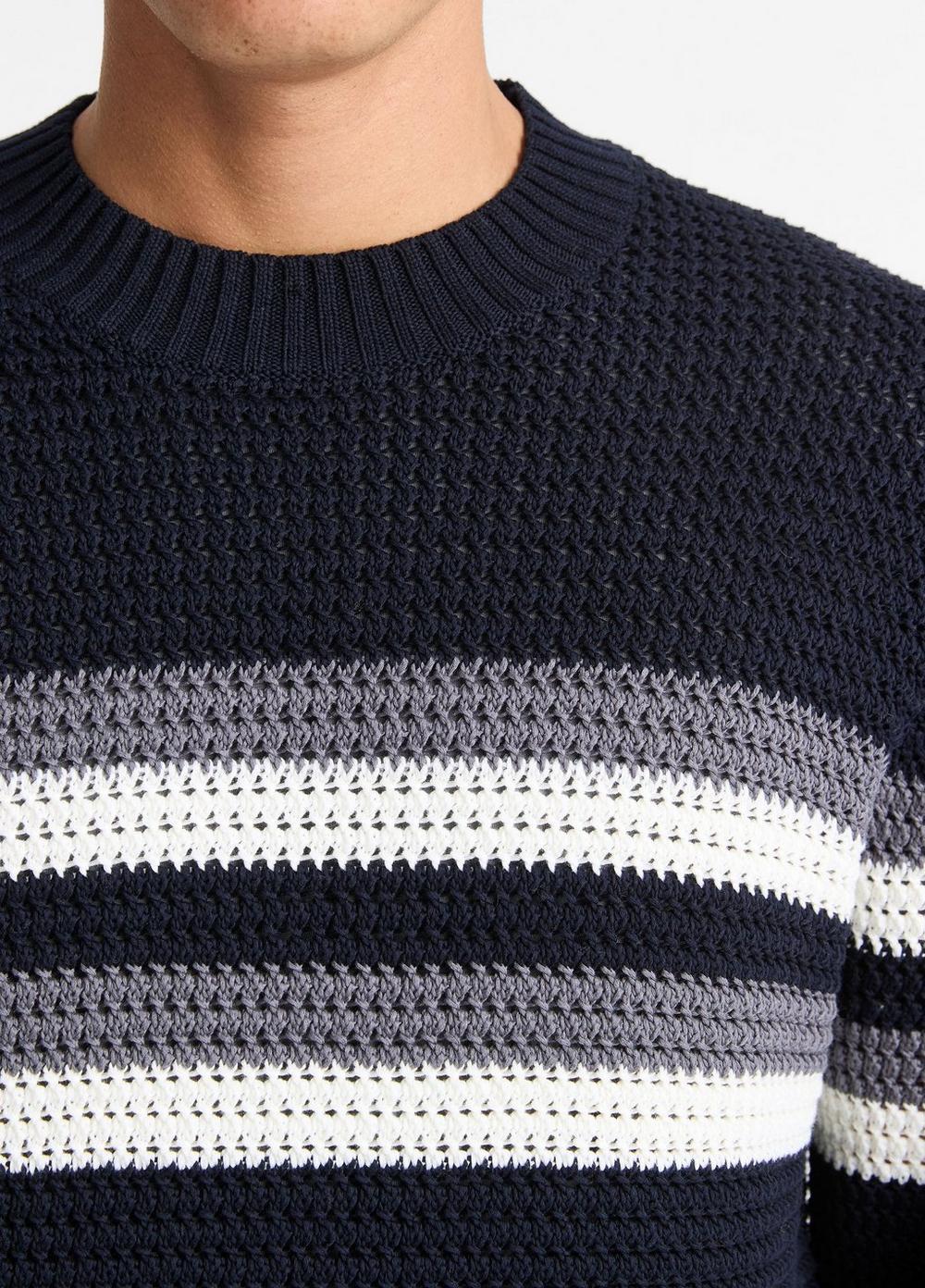 Mens Crafted Crochet Striped Cotton Sweater, Coastal Blue Combo, Size XL Vince Product Image