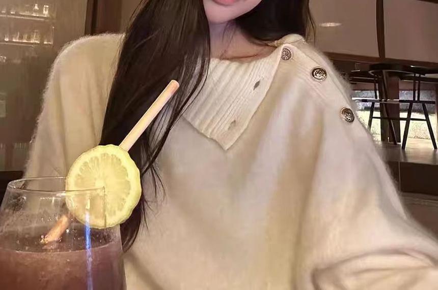 Turtleneck Plain Buttoned Sweater Product Image