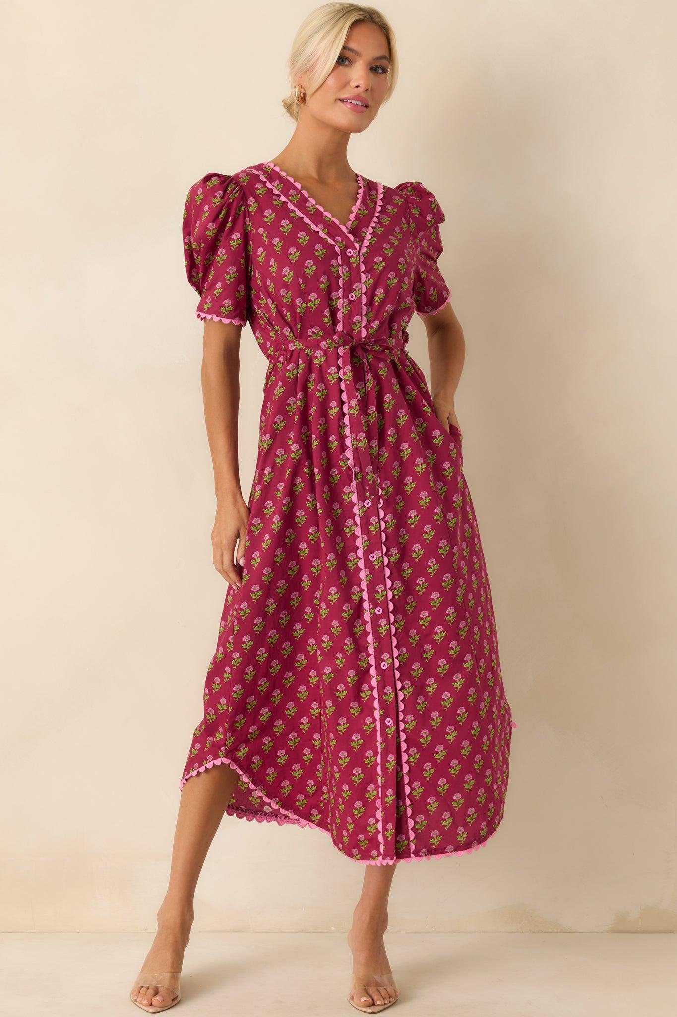 Always A Good Idea Burgundy Multi Floral Print Cotton Maxi Dress Product Image