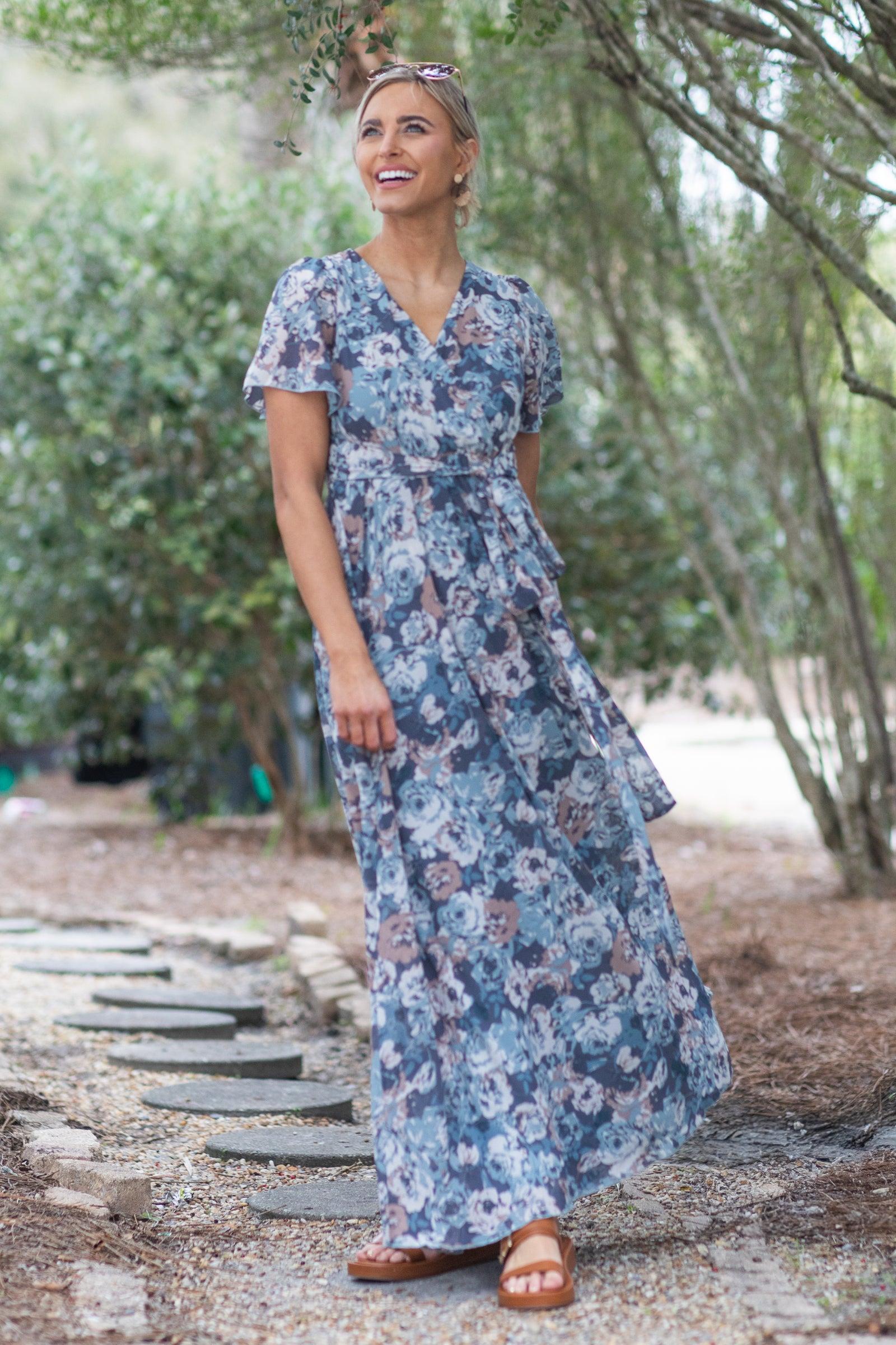 Slate Blue Blouse Floral Waist Band Maxi Dress Product Image