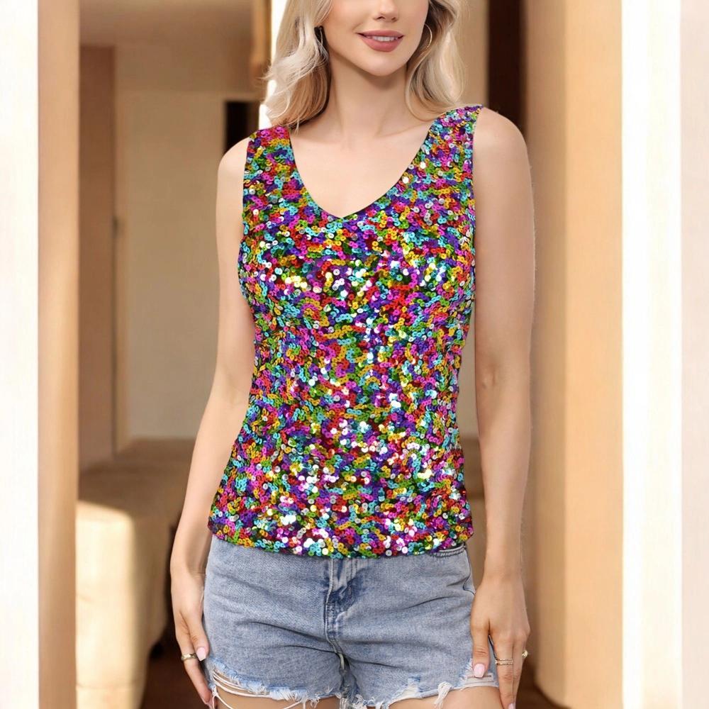 Anna-Kaci Women's Sleeveless Sequin Tank Top V-Neck Sparkly Party Shirt - Large, Multicolor Product Image