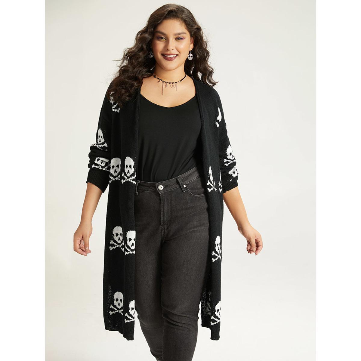 Plus Size Halloween Skull Print Split Side Drop Shoulder Maxi Cardigan Black Women Casual Loose Long Sleeve Festival-Halloween Cardigans BloomChic 14-16/1X Product Image