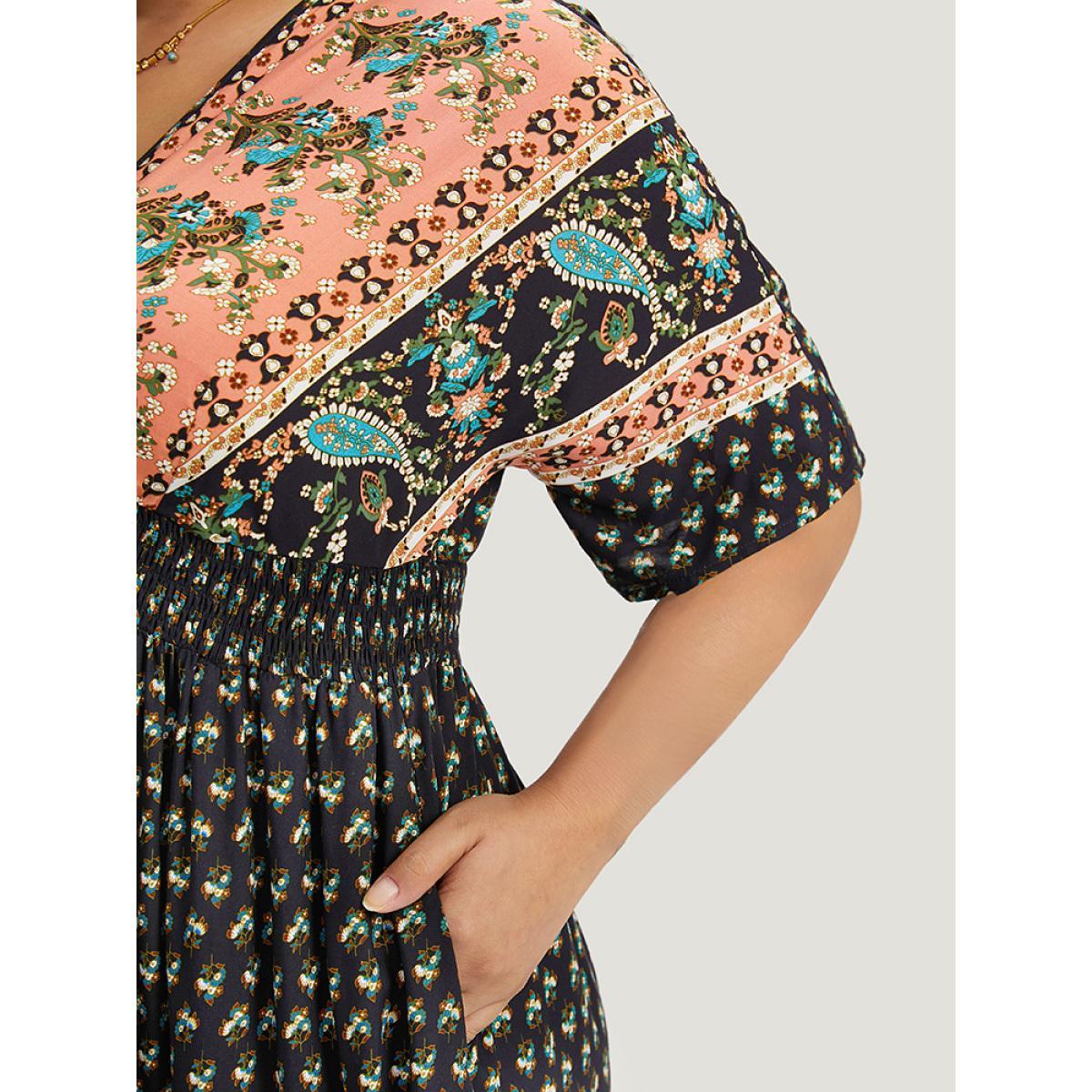 Plus Size Bandana Print Wrap Shirred Batwing Sleeve Dress DarkBlue Women Vacation Printed V-neck Short sleeve Curvy Midi Dress BloomChic 30/6X Product Image