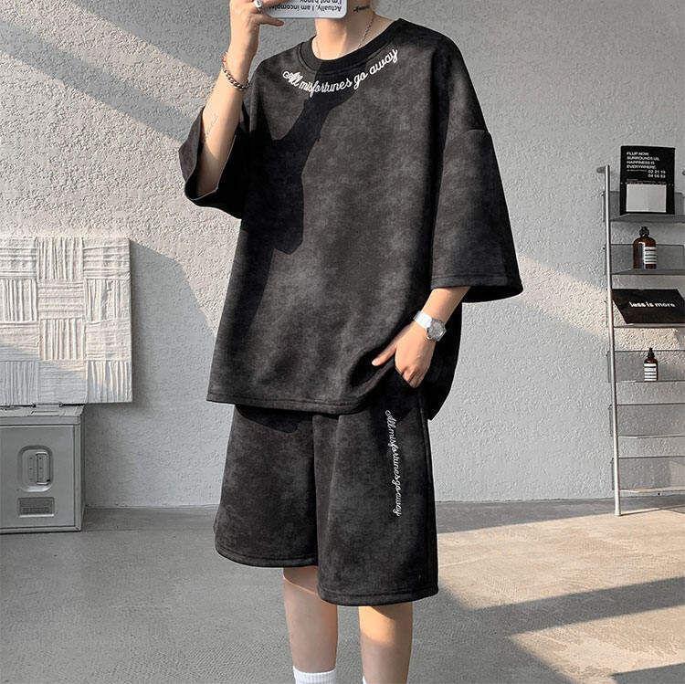 Set: Short Sleeve Round Neck Lettering Embroidered Tie Dye T-Shirt + Elastic Waist Sweat Shorts Product Image