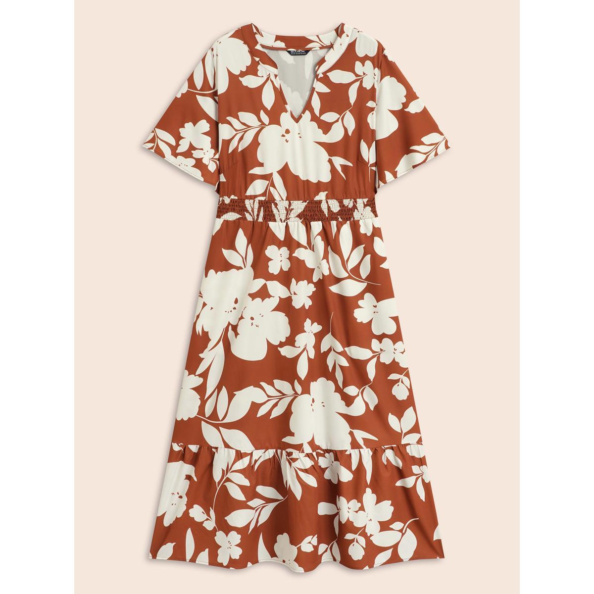 Plus Size Silhouette Floral Print Shirred Ruffles Dress Browncoffeecolor Women Elegant Shirred Notched collar Short sleeve Curvy BloomChic 28/5X Product Image