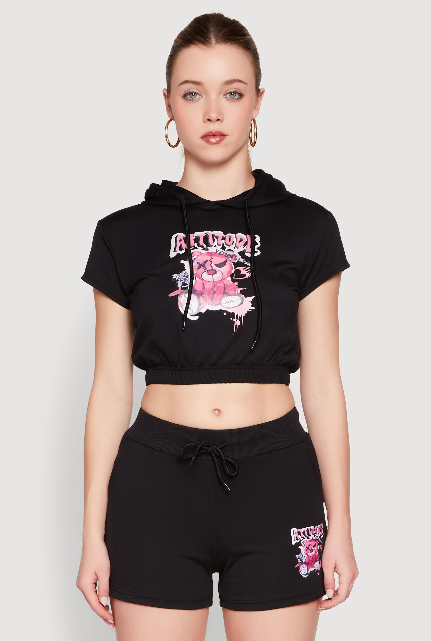 Womens French Terry Bear Graphic Cropped Hoodie Product Image