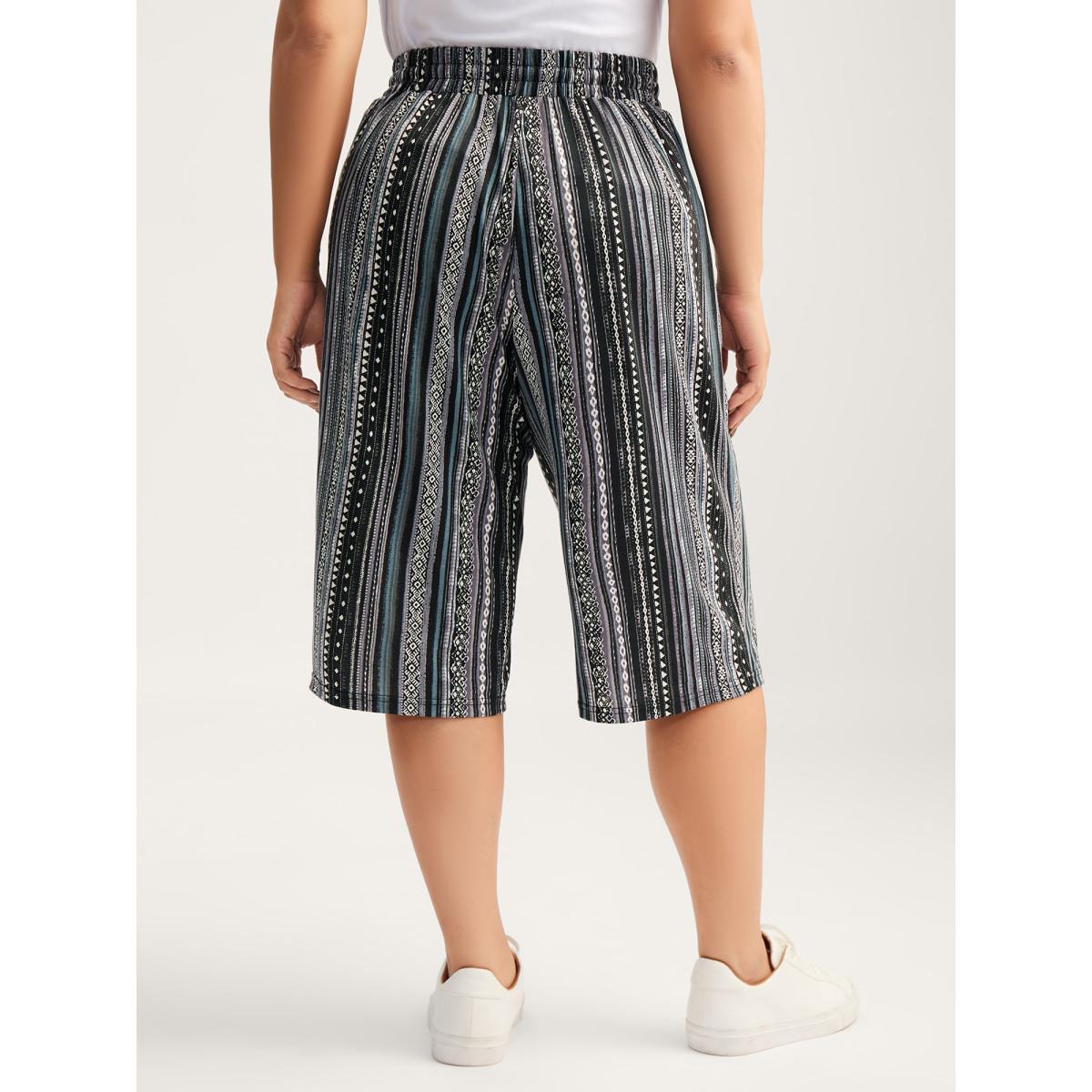 Plus Size Stretchy Boho Stripes Straight-Leg Pants Women Black Casual Straight Leg Mid Rise Everyday-Casual Pants BloomChic 18-20/2X Product Image