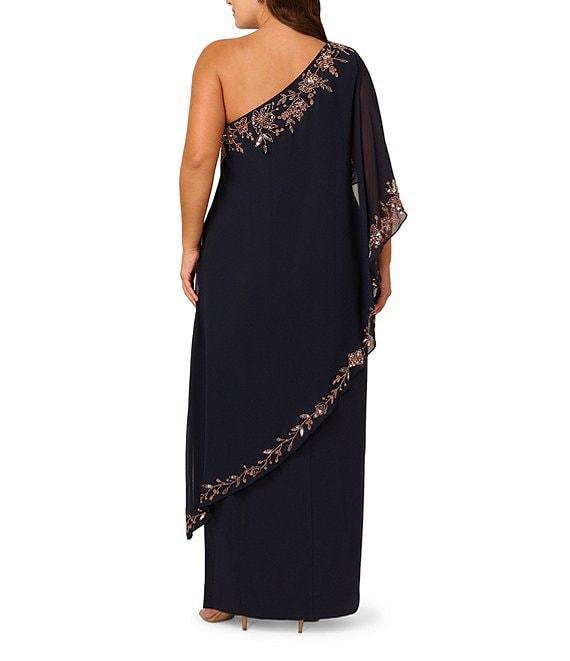 Adrianna Papell Plus Size Chiffon One Shoulder Short Sleeve Asymmetrical Beaded Trim Overlay Sheath Gown Product Image