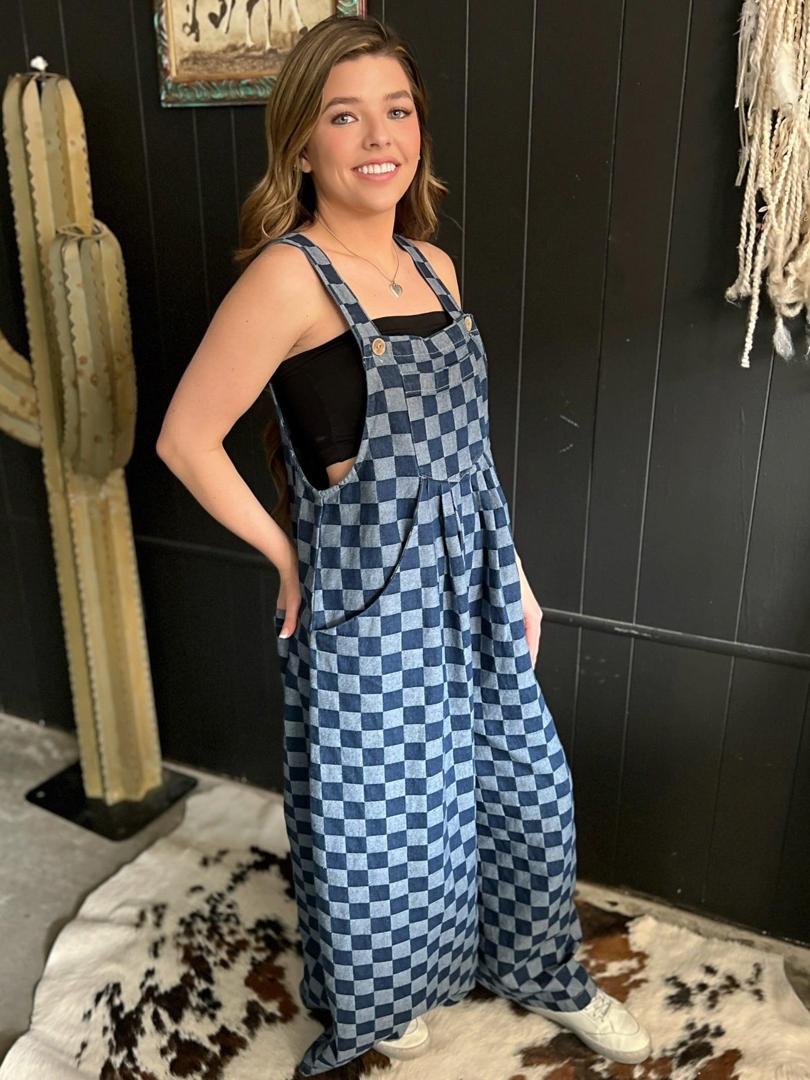 Denim Checkered Wide Leg Overalls Product Image