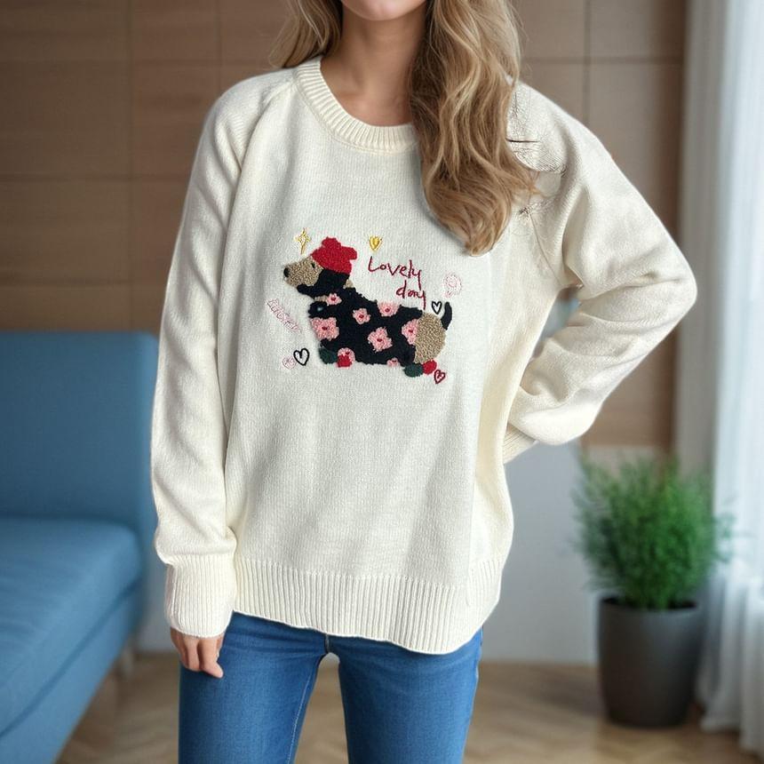 Round Neck Dog Embroidered Sweater Product Image