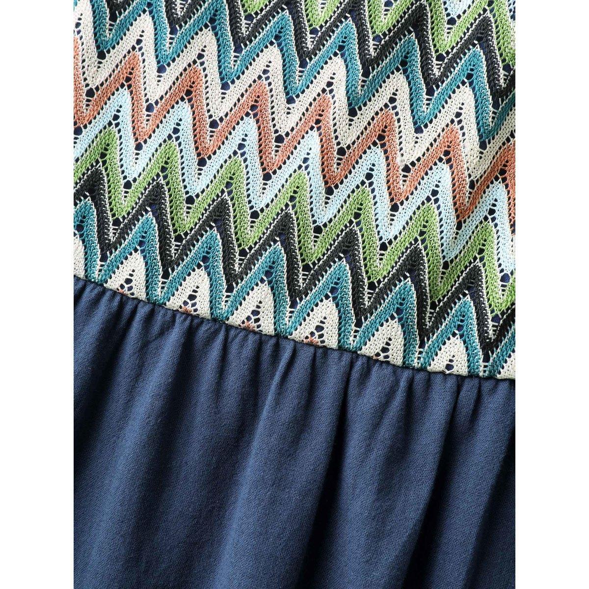 Plus Size Cotton Crochet Stretchy Waist Pockets Midi Dress Navy Women Square Neck Sleeveless Curvy BloomChic 28/5X Product Image