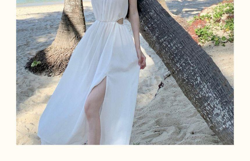 Spaghetti Strap Plain Shirred Keyhole Slit Midi A-Line Dress / Chain Belt Product Image