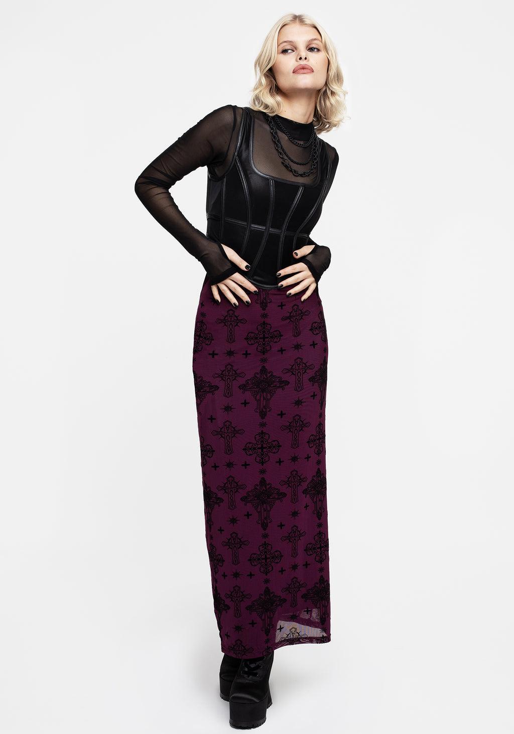 Priestess Flocked Mesh Maxi Skirt - Purple Product Image