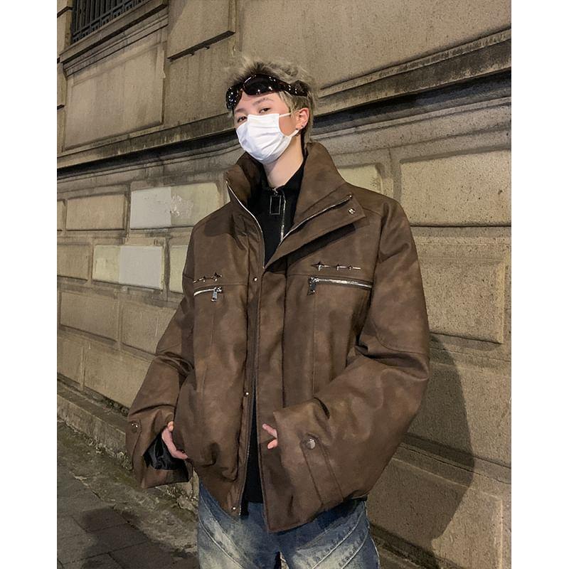 Stand Collared Washed Faux Leather Zip Puffer Jacket Product Image