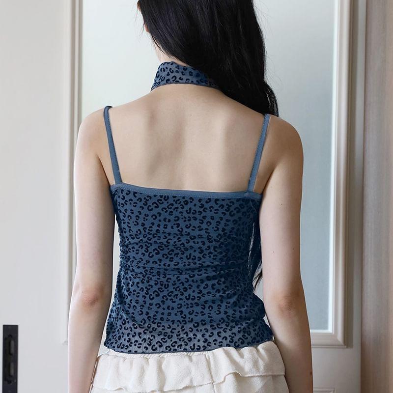 Set: V-Neck Leopard Print Mesh Camisole Top + Scarf Product Image