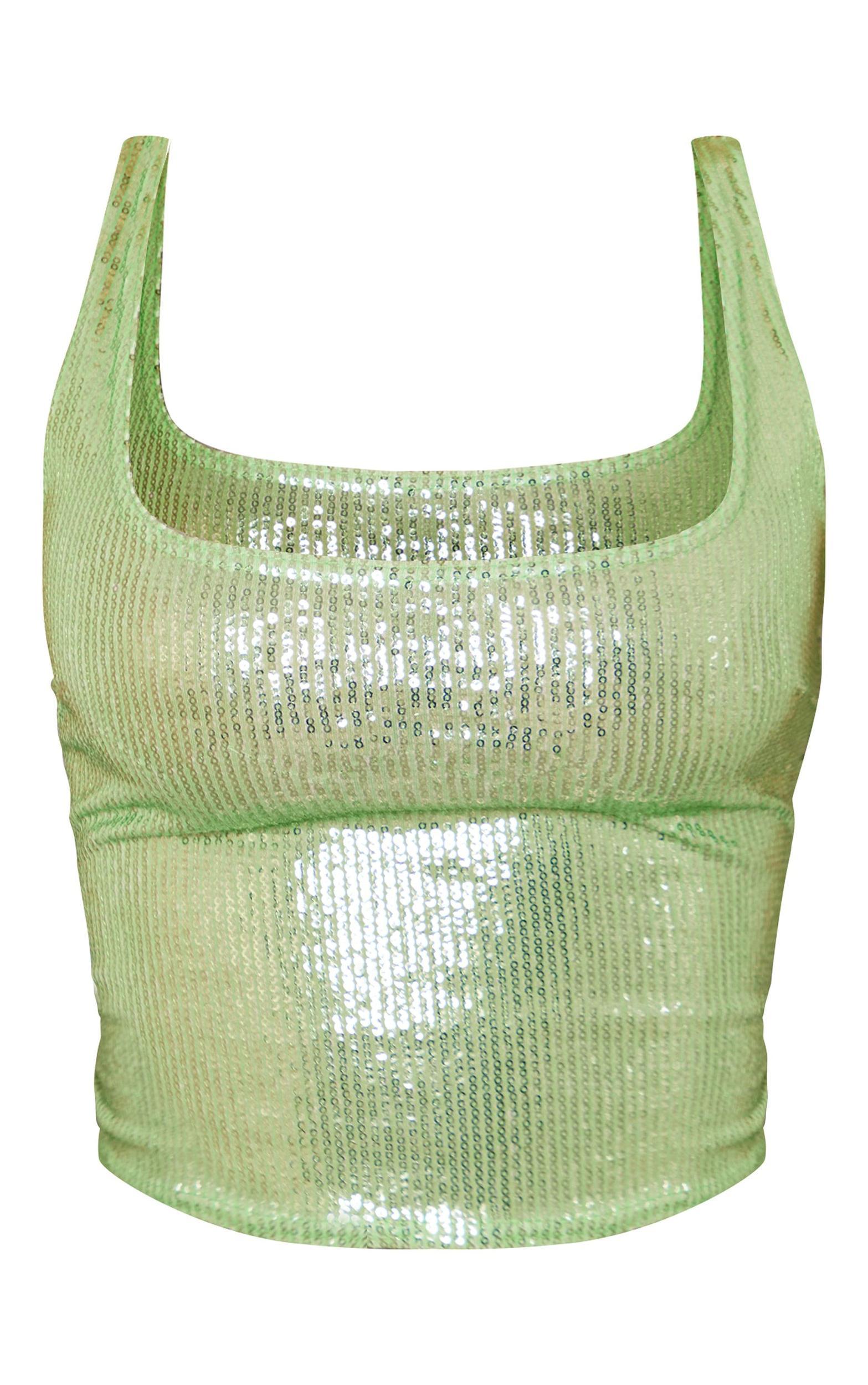 Green Sequin Scoop Neck Long Top Product Image