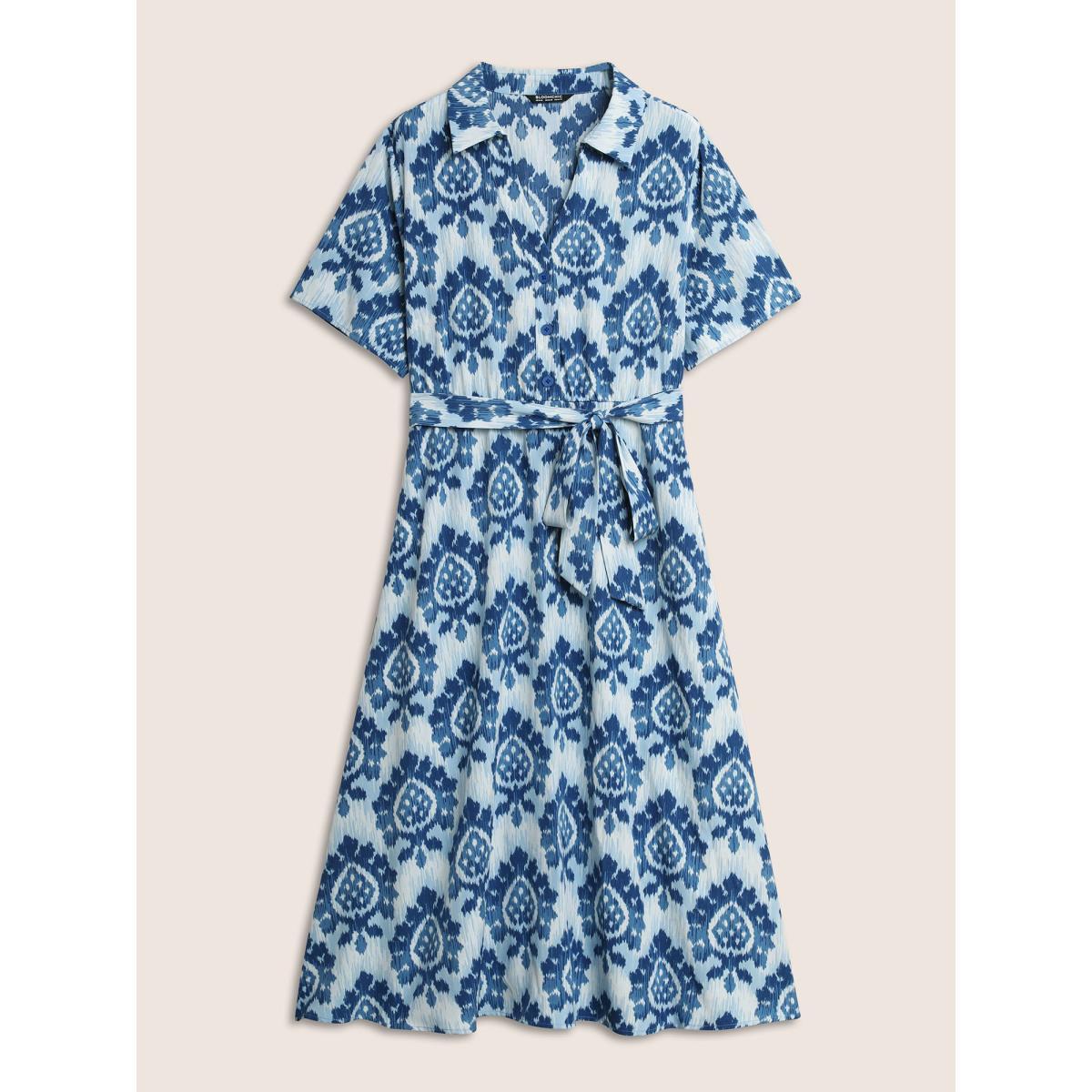 Plus Size Bandana Print Shirt Collar Belted Midi Dress LightBlue Women At the Office Belted Shirt collar Short sleeve Curvy BloomChic 18-20/2X Product Image