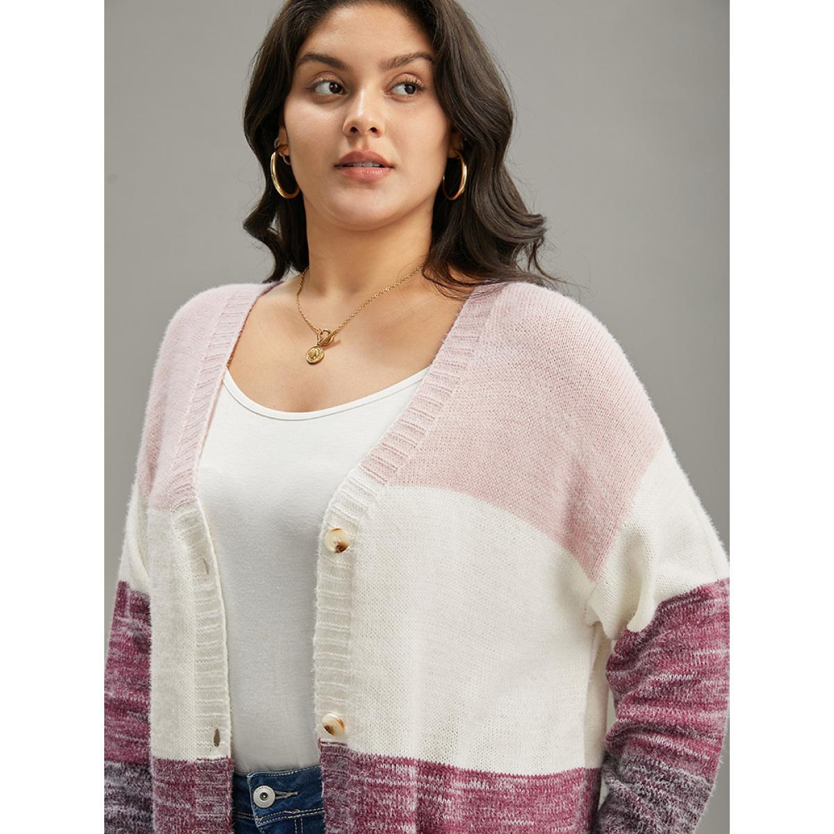Plus Size Colorblock Button Through Fuzzy Cardigan Multicolor Women Casual Loose Long Sleeve Dailywear Cardigans BloomChic 30/6X Product Image