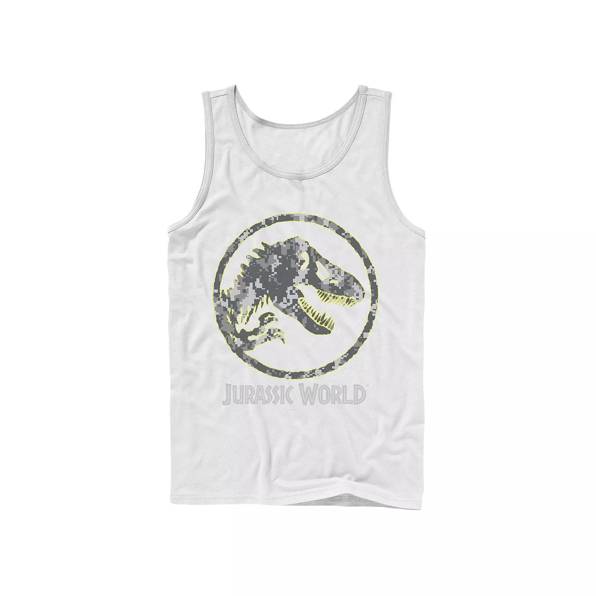 Men's Jurassic World Camouflage Yellow Outline Fossil Coin Logo Tank Top, Size: Large, White Product Image