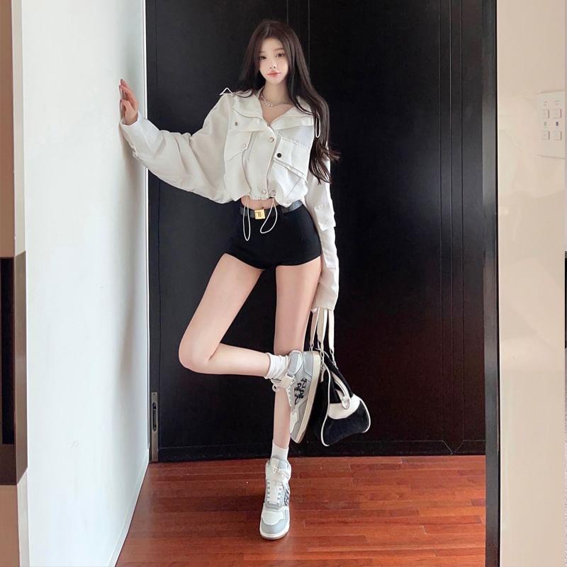 Plain Hooded Crop Zip Windbreaker Product Image
