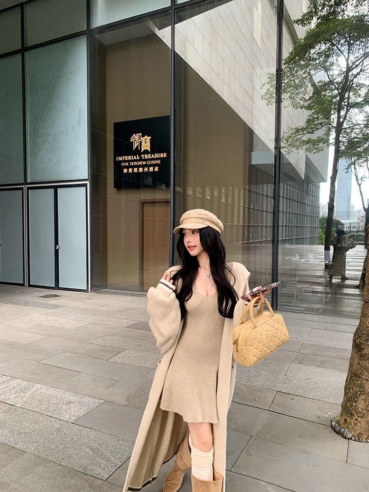 Long-Sleeve V-Neck Plain Mini A-Line Knit Dress / Contrast Trim Midi Open Front Cardigan Product Image