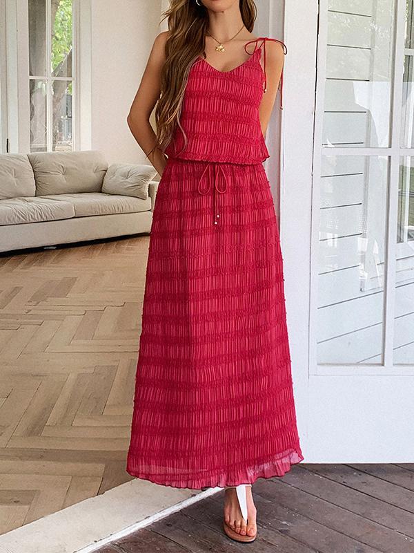 Loose Sleeveless Pleated Solid Color Spaghetti-Neck Vest Top + Drawstring Skirts Bottom Two Pieces Set Product Image