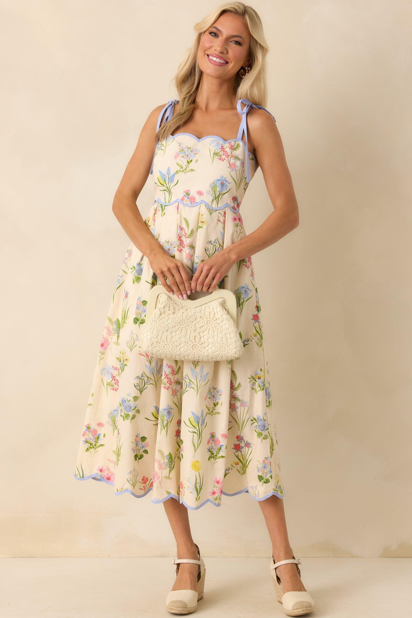 In This Lifetime Ivory Floral Print Cotton Scallop Hem Midi Dress Product Image