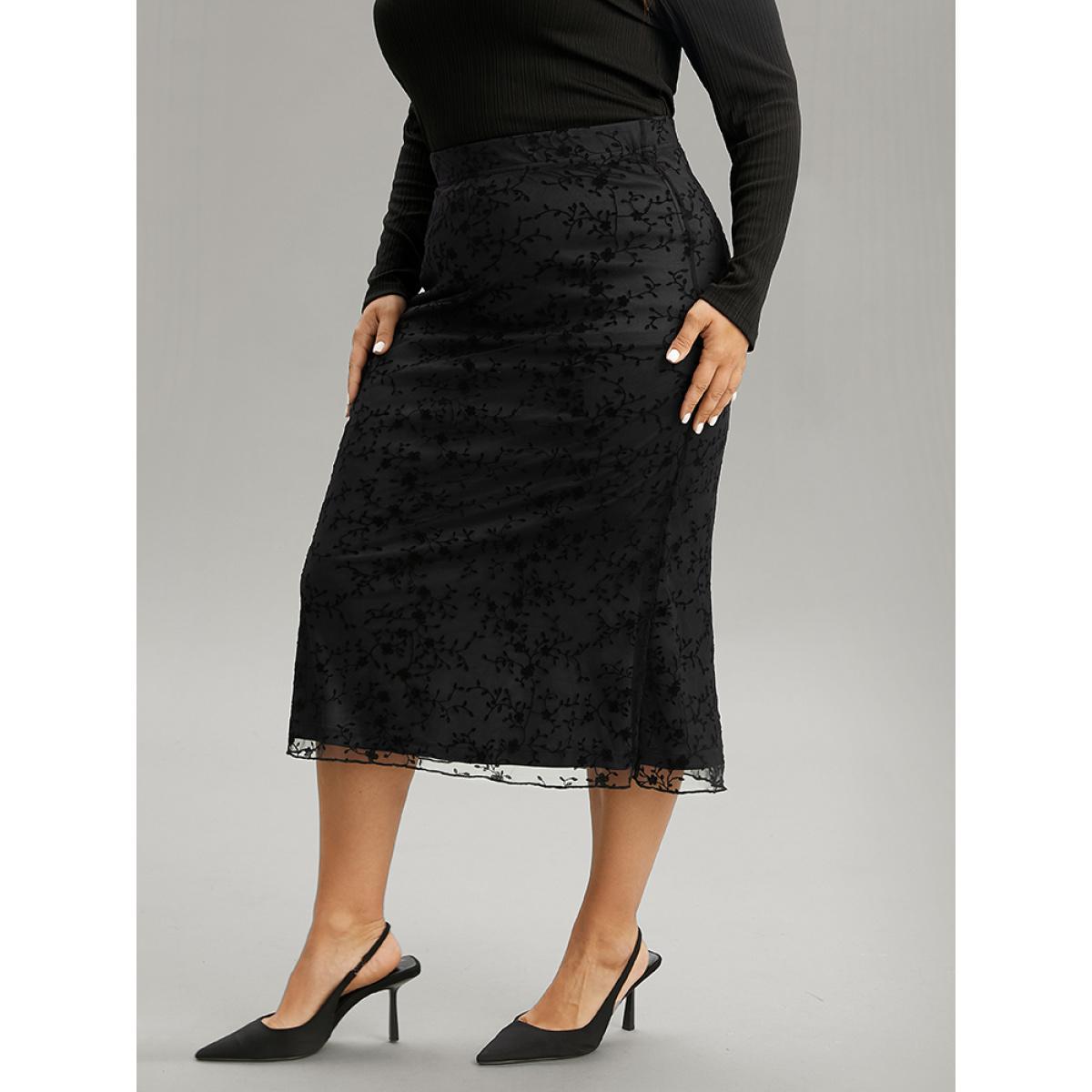 Plus Size Silhouette Floral Print Flocking Elastic Waist Skirt Women Black Elegant Velvet Bodycon Low stretch Dailywear Skirts BloomChic 18-20/2X Product Image
