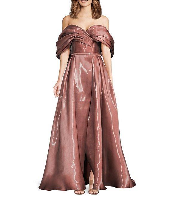 Terani Couture Off-The-Shoulder Pleated Short Sleeve Shimmer Organza A-Line Gown Product Image