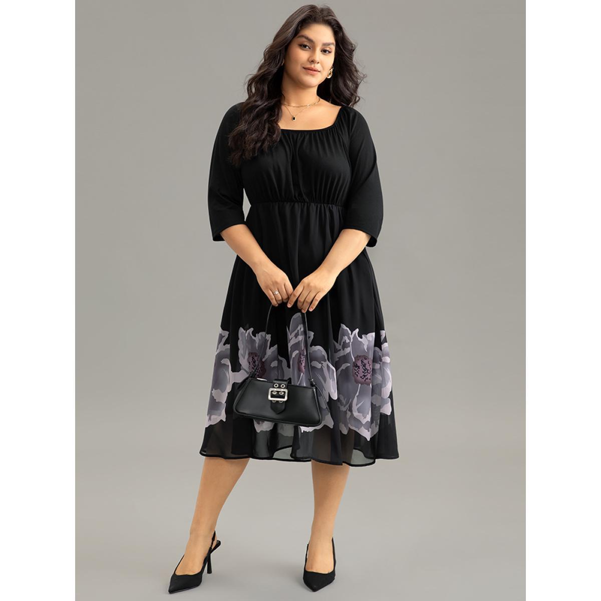 Plus Size Boho Print Mesh Gathered Square Neck Dress Black Women Elegant Gathered Square Neck Elbow-length sleeve Curvy Midi Dress BloomChic 22-24/3X Product Image