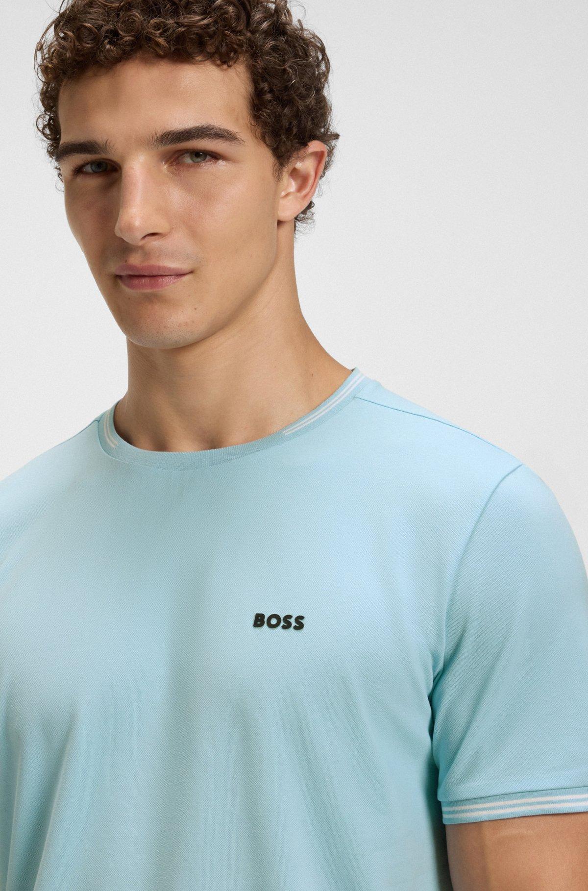 Stretch-cotton T-shirt with stripes and logo Product Image