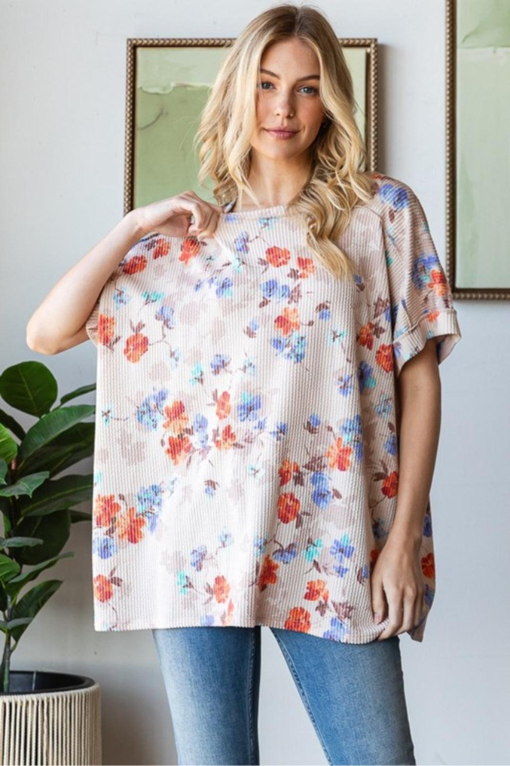 Short Sleeve Round Neck Multi Floral Print Top Product Image