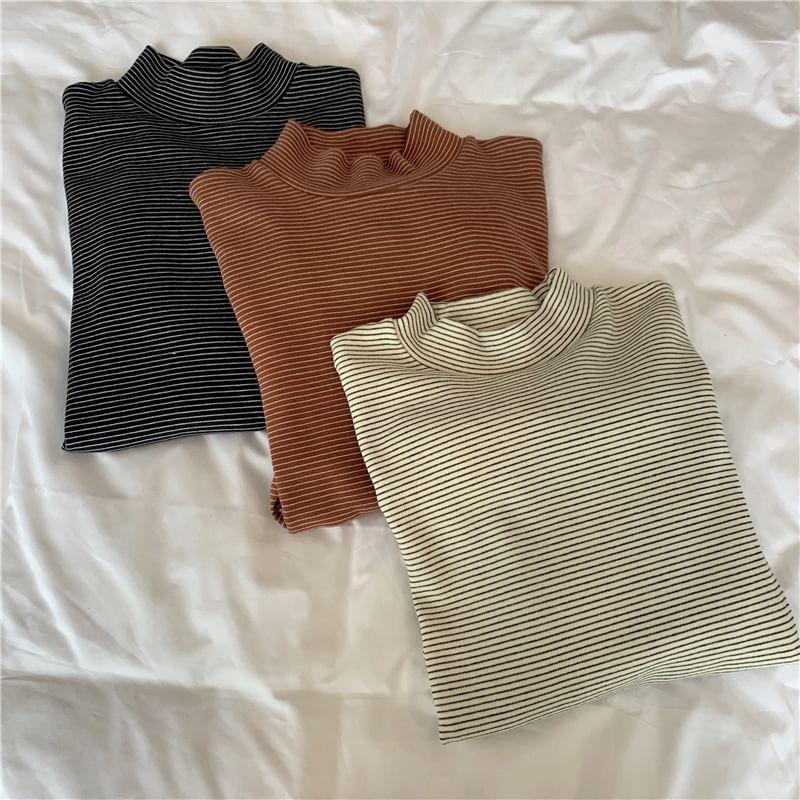 Long-Sleeve Mock Neck Striped T-Shirt Product Image