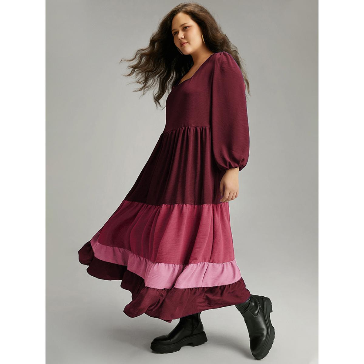 Plus Size Colorblock Contrast Square Neck Ruffle Layered Hem Dress Scarlet Women Casual Elastic cuffs Square Neck Long Sleeve Curvy Long Dress BloomChic 28/5X Product Image