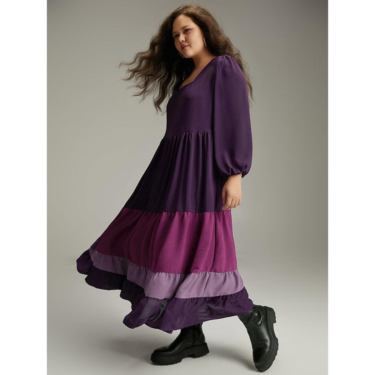 Plus Size Colorblock Contrast Square Neck Ruffle Layered Hem Dress Eggplant Women Casual Elastic cuffs Square Neck Long Sleeve Curvy Long Dress BloomChic 30/6X Product Image