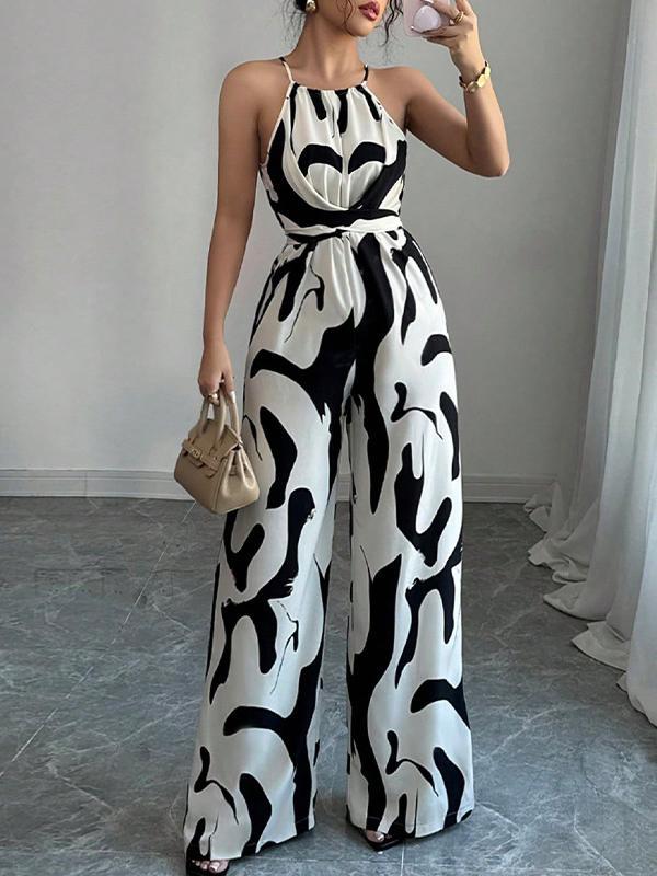 Loose Sleeveless Contrast Color Pleated Spaghetti-Neck Jumpsuits Product Image