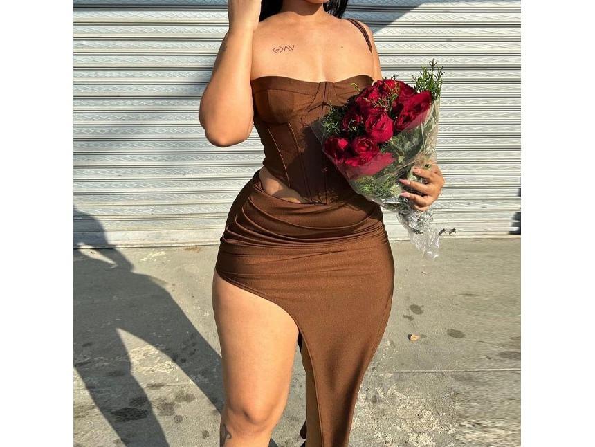 Set: Plain Corset Top + Mid Rise Slit Maxi Pencil Skirt Product Image
