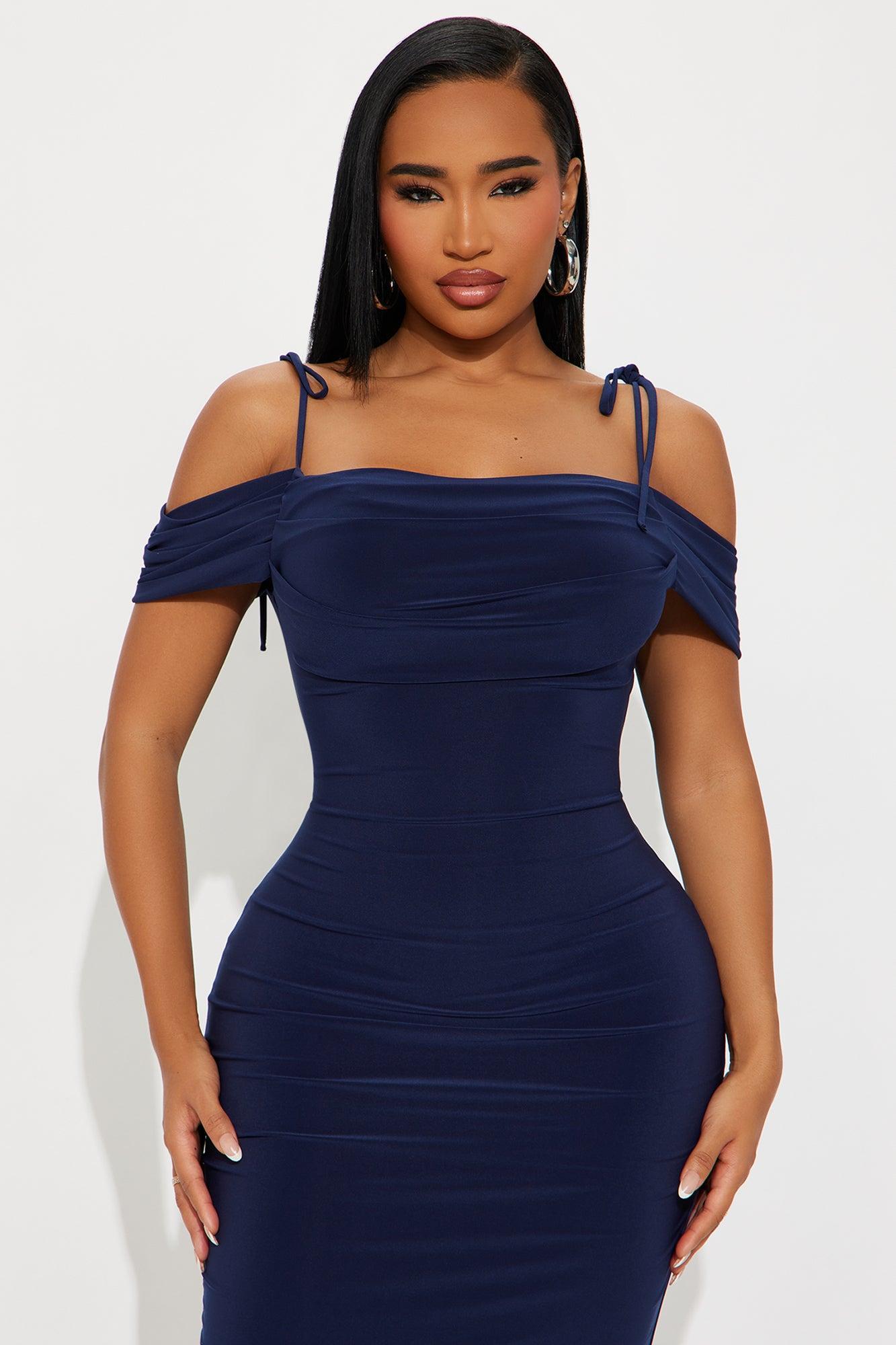 Jaden Off Shoulder Cowl Back Maxi Dress - Navy Female Product Image