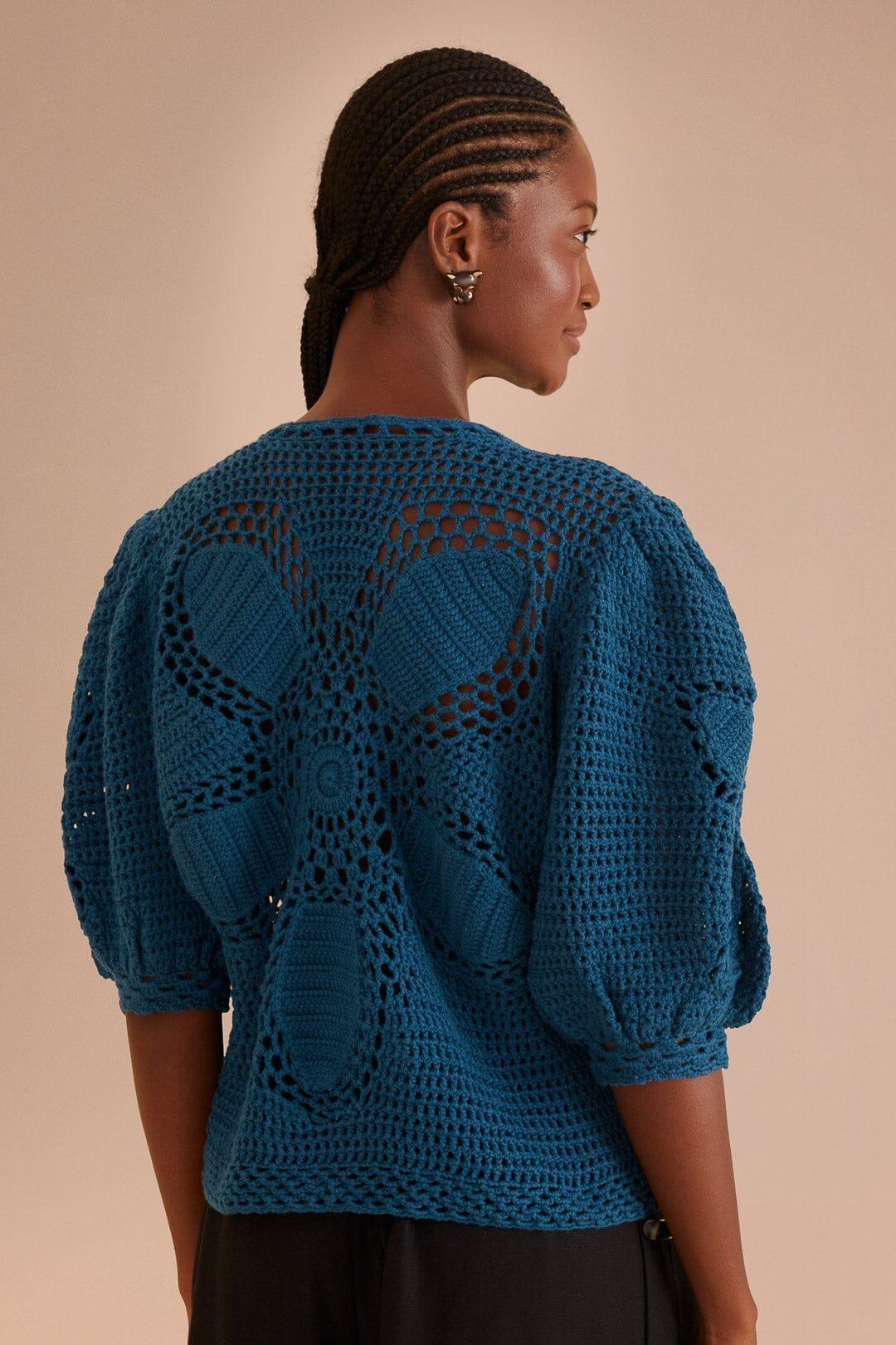 Teal Flower Draw Crochet Blouse Product Image