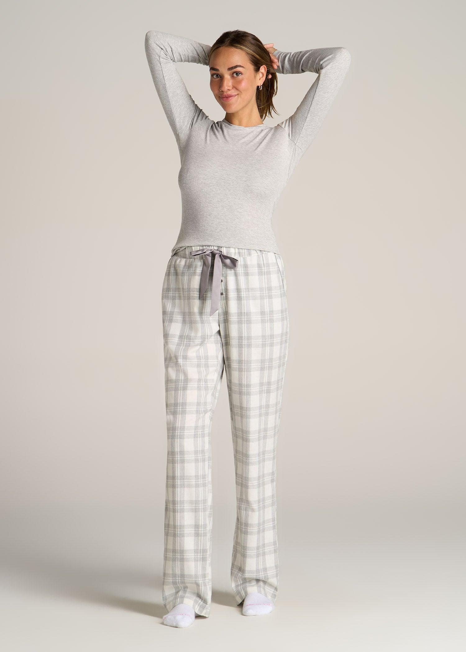 Open-Bottom Flannel Women's Tall Pajama Pants in Heather Grey and White Plaid Product Image