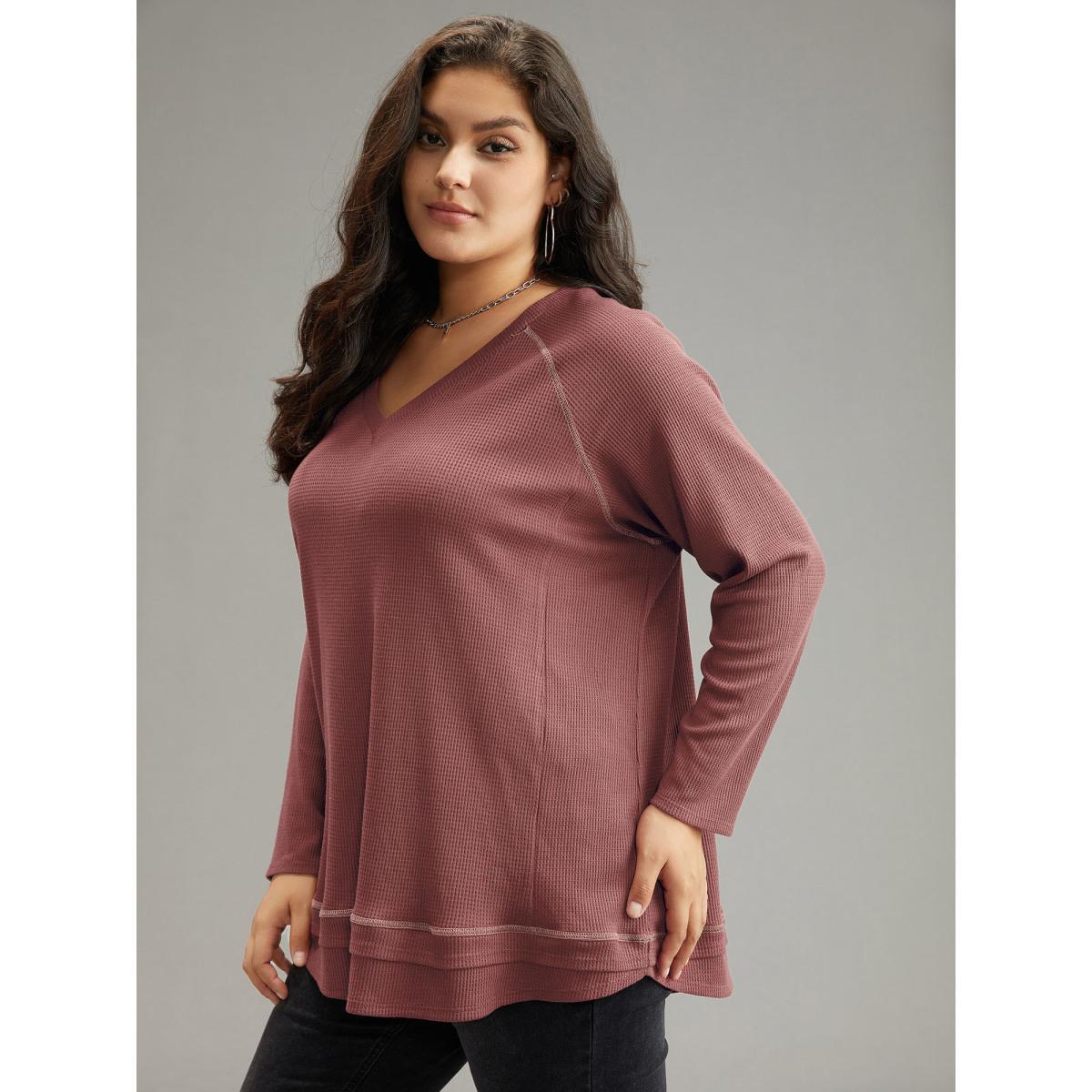 Plus Size Plain Textured Stitch Raglan Sleeve Sweatshirt Women DustyPink Casual Plain V-neck Everyday Sweatshirts BloomChic 30/6X Product Image