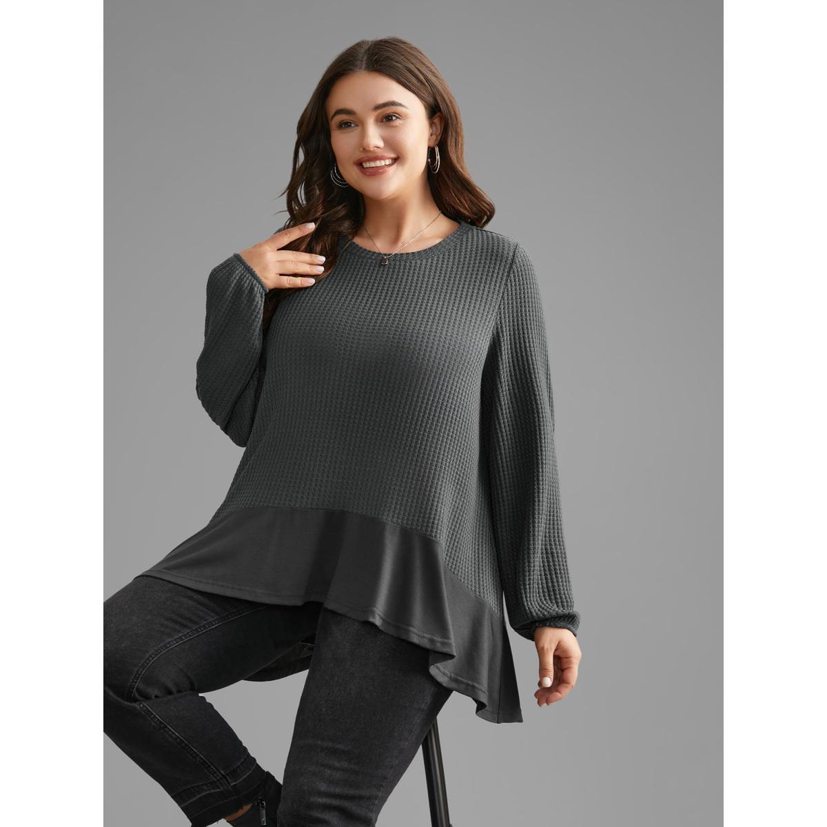 Plus Size Waffle Knit Patchwork High Low Hem T-shirt DimGray Women Casual Texture Round Neck Loose Everyday T-shirts BloomChic 18-20/2X Product Image