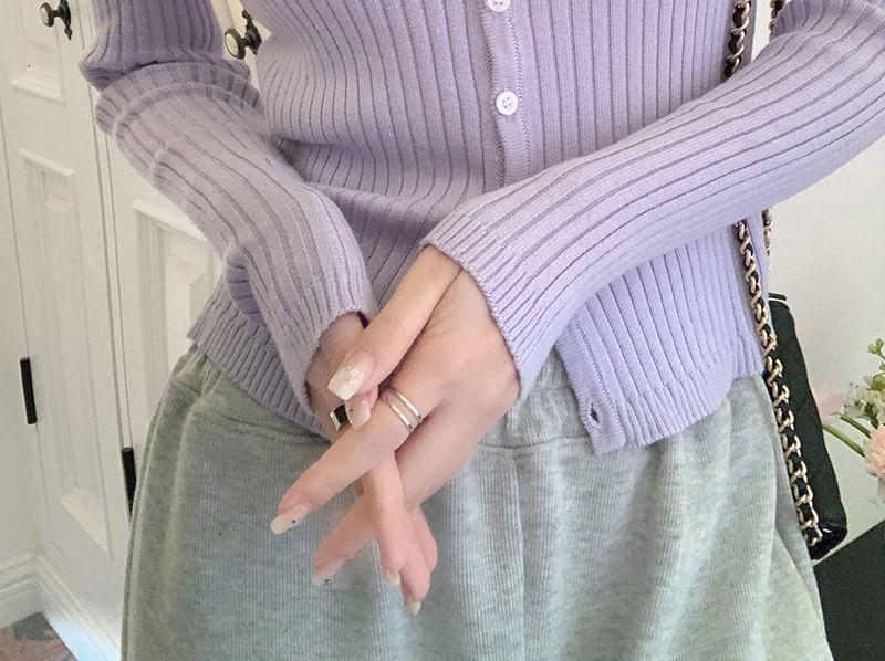 Long-Sleeve Scoop Neck Plain Ribbed Button Knit Top Product Image