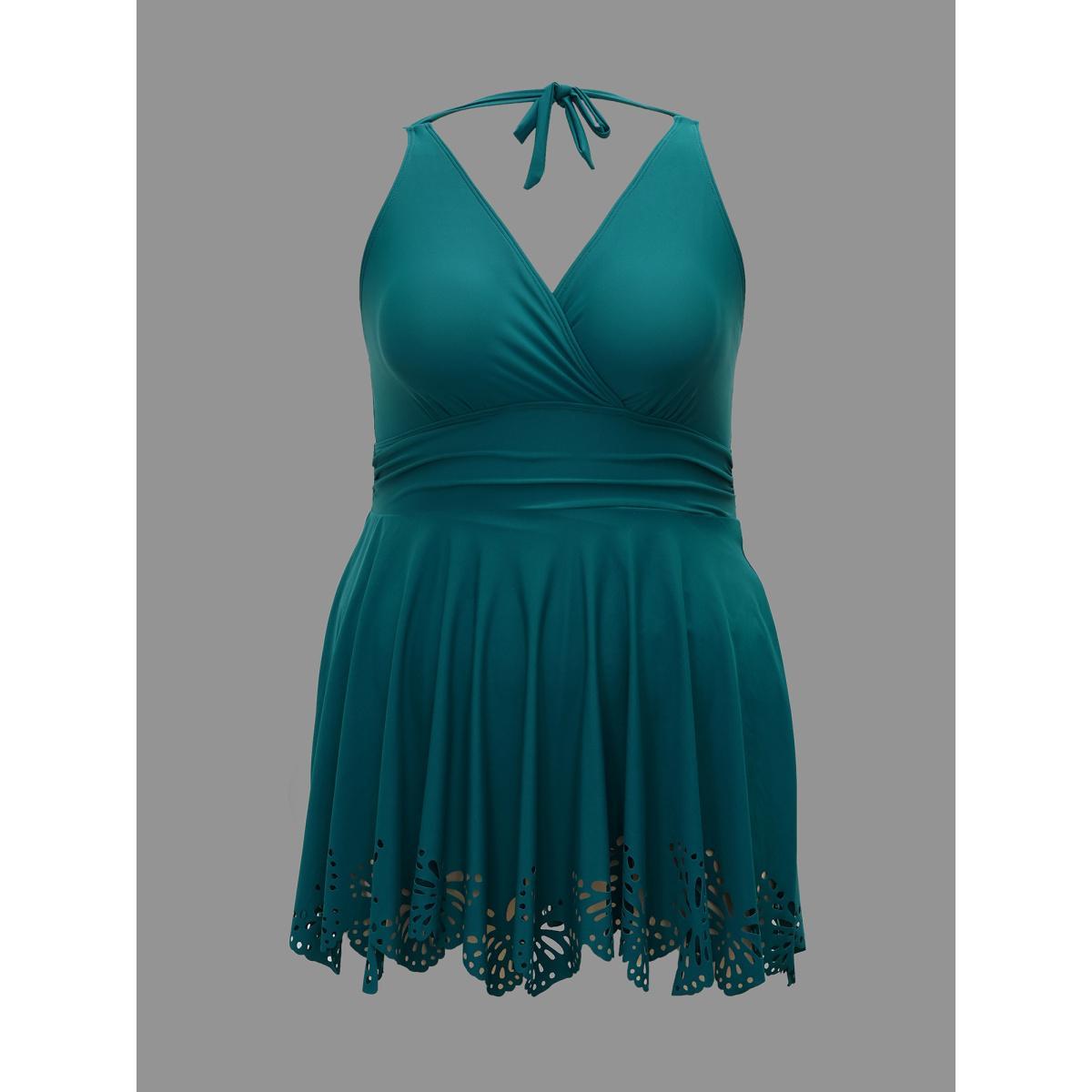 Plus Size Laser Cut Overlap Collar Waist-Cinched Swim Dress Women's Swimwear Cyan Beach Bodycon Overlap Collar High stretch Curve Swim Dresses BloomChic 22-24/3X Product Image