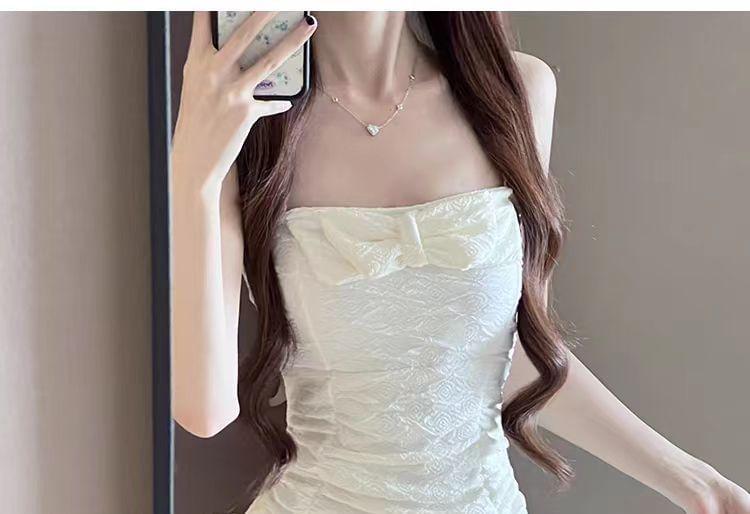 Spaghetti Strap Plain Bow Textured Swim Dress / Ruffle Swimsuit Product Image