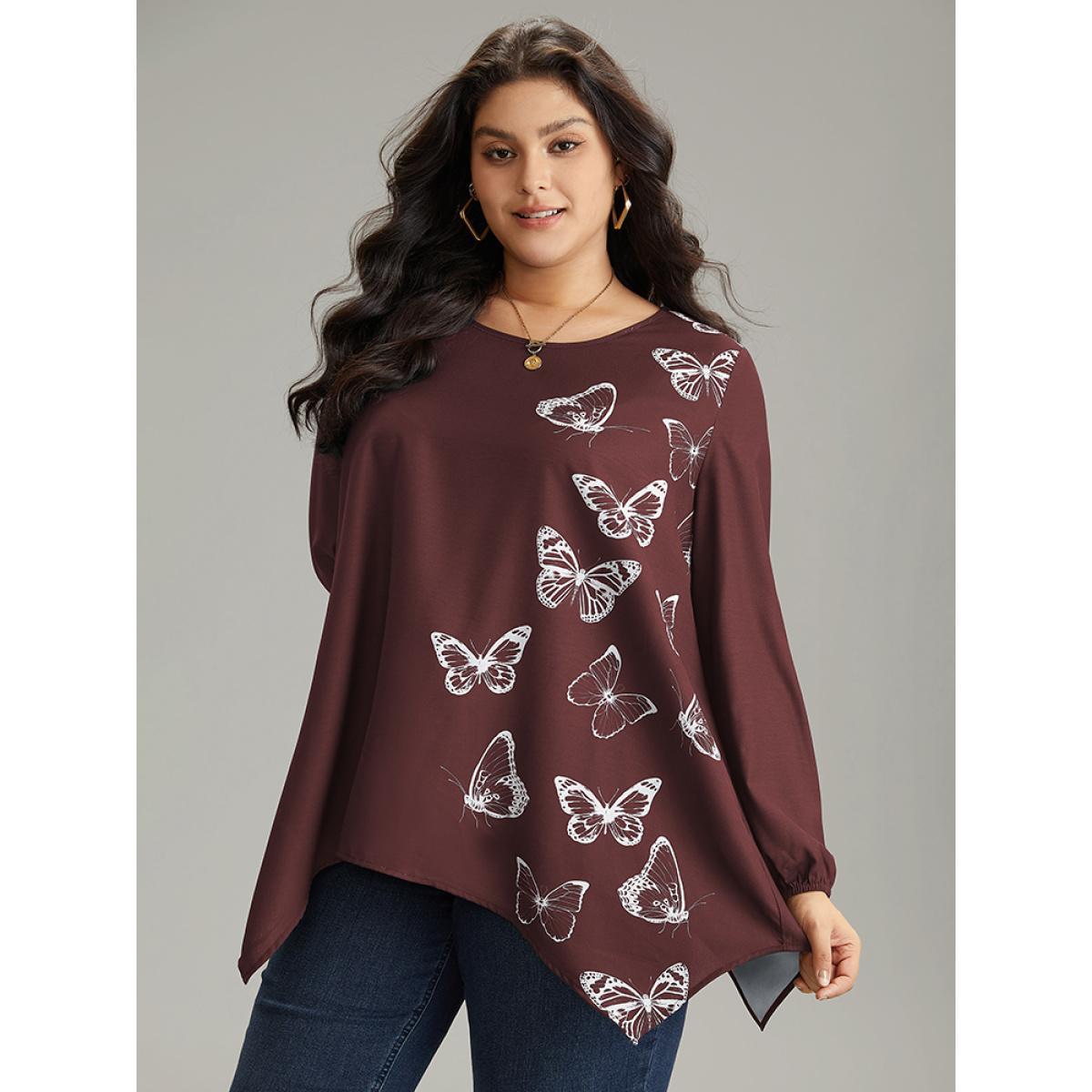Plus Size Scarlet Butterfly Crew Neck Lantern Sleeve Hanky Hem Blouse Women Elegant Long Sleeve Round Neck Work Blouses BloomChic 12/L Product Image