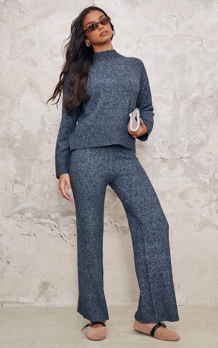  Charcoal Blue Luxe Knit High Neck Open Back Sweater Product Image