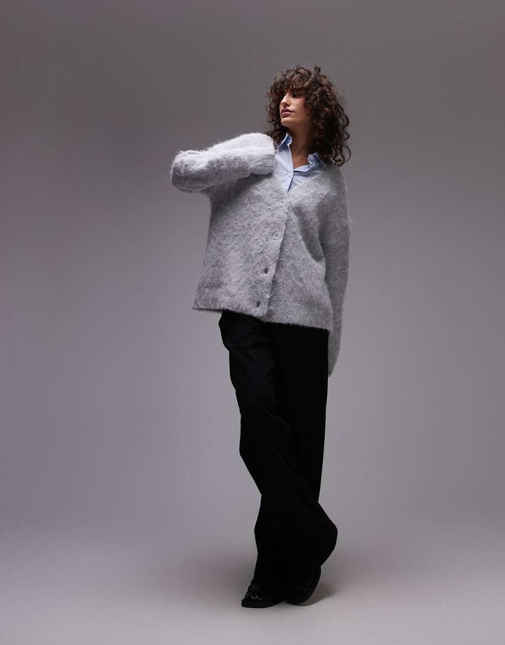 Topshop knit ultra fluffy oversized cardigan in gray Product Image